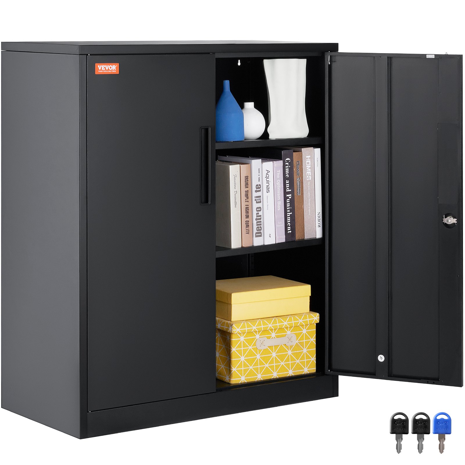 VEVOR Gabinete de metal con 2 puertas magnéticas y 4 estantes ajustables, capacidad de 200 libras por estante, gabinete de almacenamiento de acero con cerradura 42 pulgadas con 3 llaves, para garaje