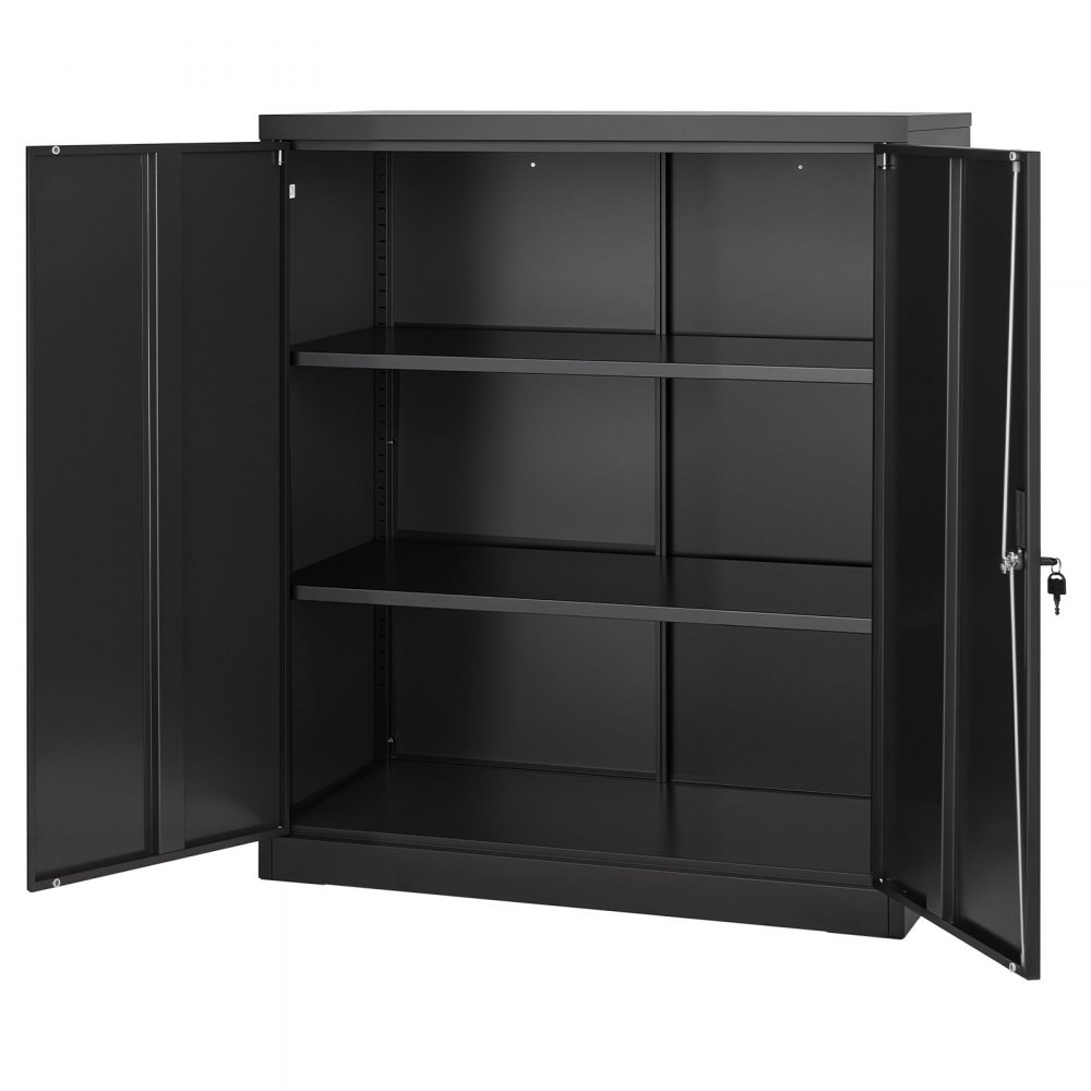 VEVOR Armario de Almacenamiento Metálico de 3 Niveles para Garaje, con Estantes Ajustables, 2 Puertas Magnéticas y 2 Llaves, Apto para Despensa, Almacén y Sótano, Color Negro, 90 x 45 x 106 cm