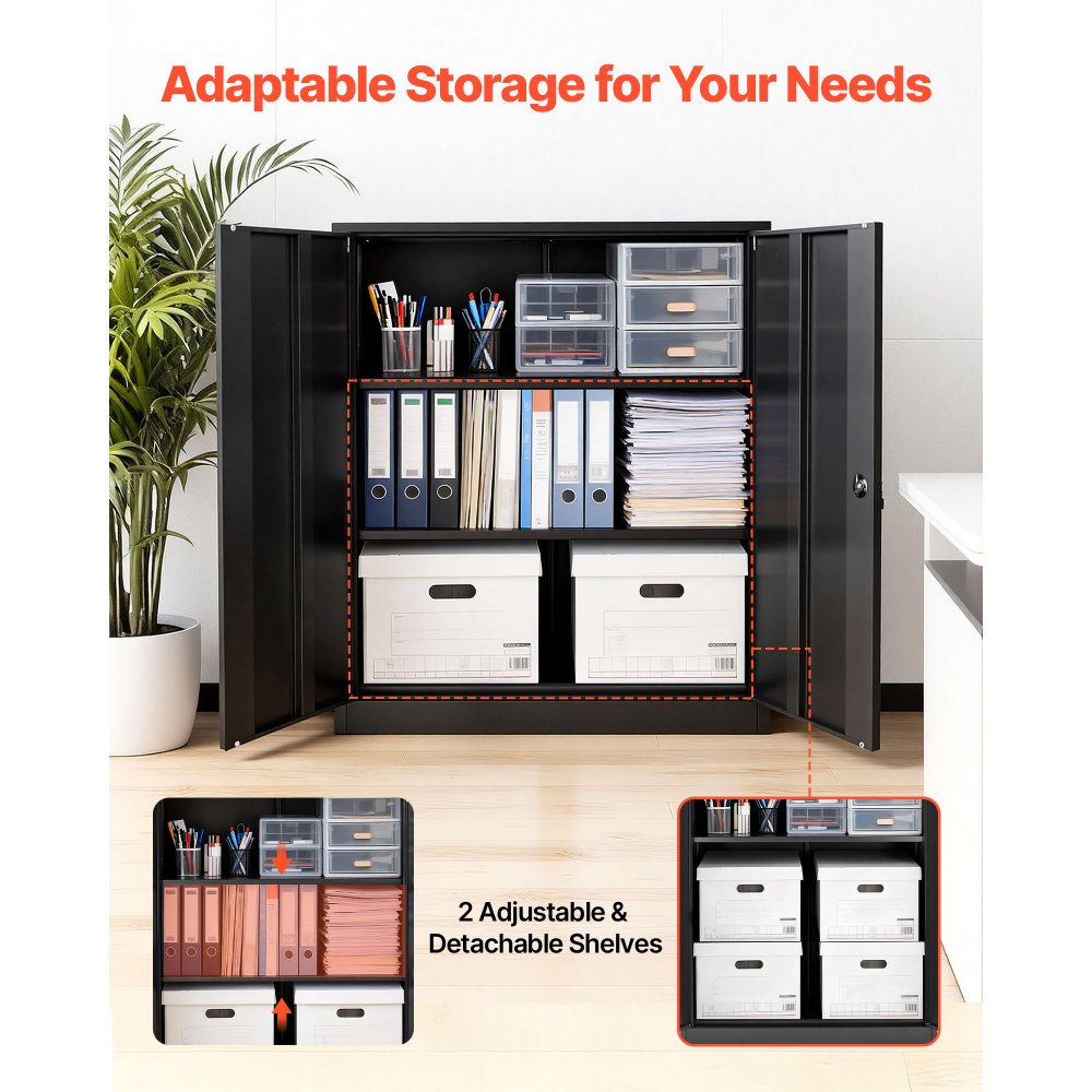 VEVOR Metal Storage Cabinet, 106 cm Steel Garage Cabinet with 2 Adjustable Shelves, 2 Magnetic Doors & 2 Keys, 3 Tiers Lockable Tool Storage for Pantry, Warehouse, Basement, Office, Black