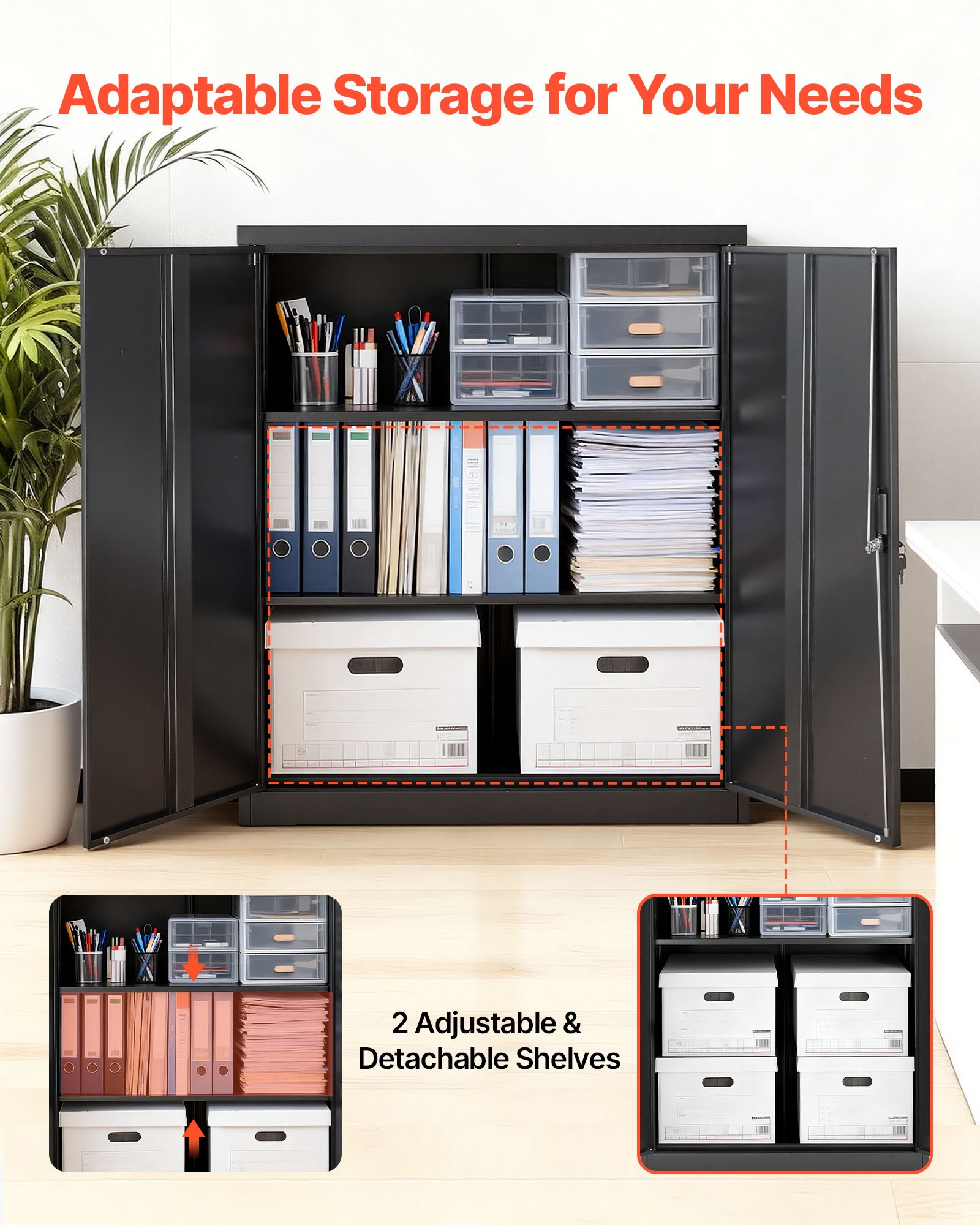 VEVOR Armario de Almacenamiento Metálico de 3 Niveles para Garaje, con Estantes Ajustables, 2 Puertas Magnéticas y 2 Llaves, Apto para Despensa, Almacén y Sótano, Color Negro, 90 x 45 x 106 cm