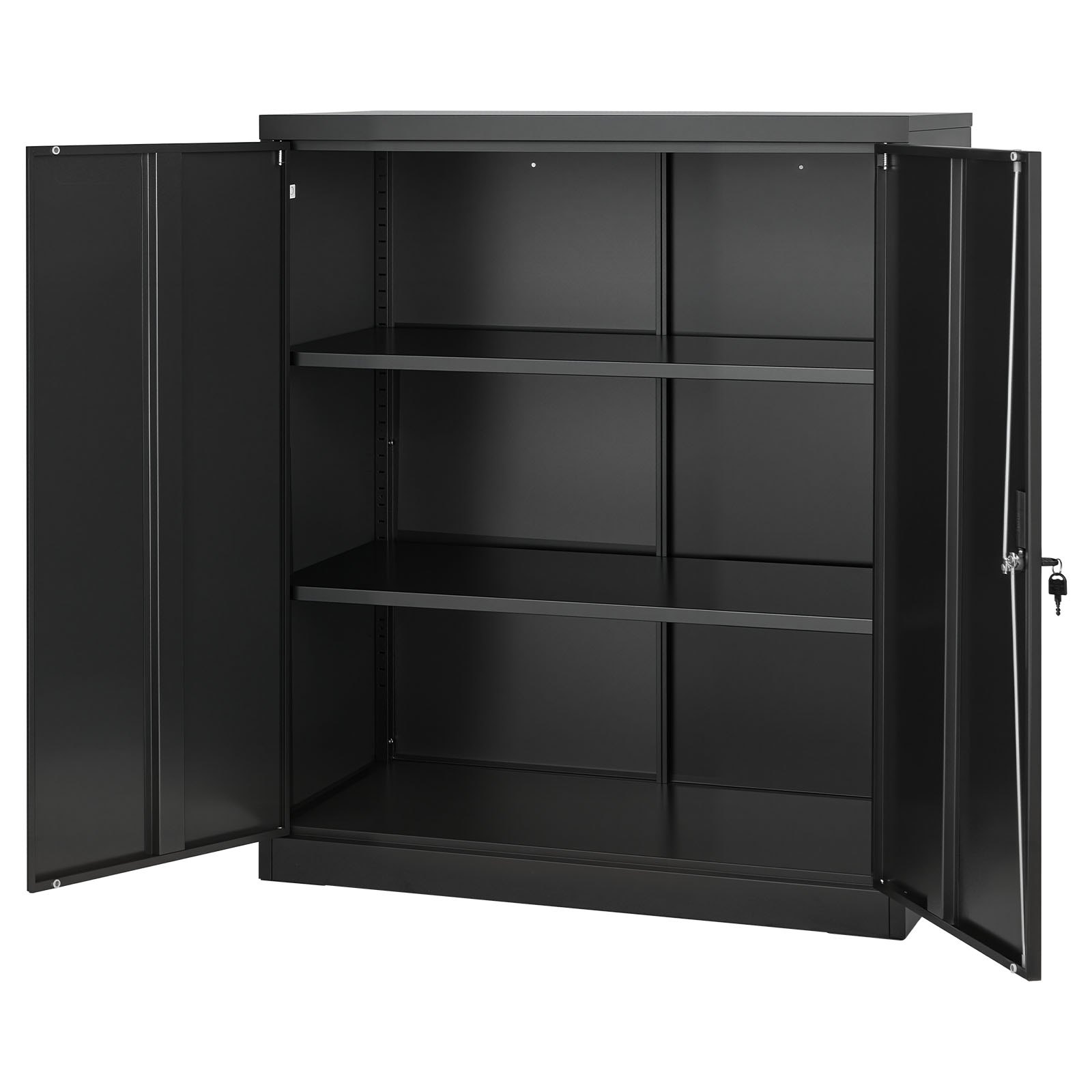 VEVOR Armario de Almacenamiento Metálico de 3 Niveles para Garaje, con Estantes Ajustables, 2 Puertas Magnéticas y 2 Llaves, Apto para Despensa, Almacén y Sótano, Color Negro, 90 x 45 x 106 cm