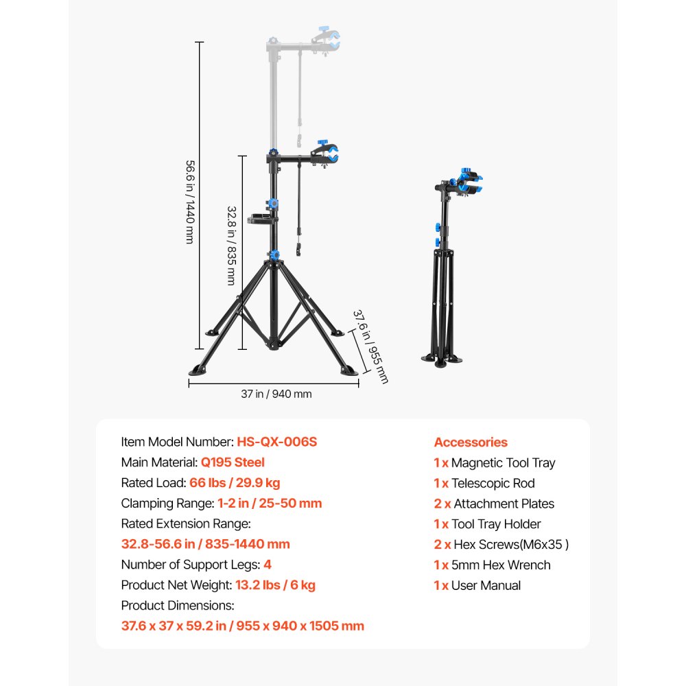 VEVOR Soporte de Reparación de Bicicletas, Resistente, 30 kg, con Altura Ajustable 83 a 147 cm y Bandeja Magnética para Herramientas, para Bicicletas de Montaña y Carretera, 955 x 940 x 1505 mm