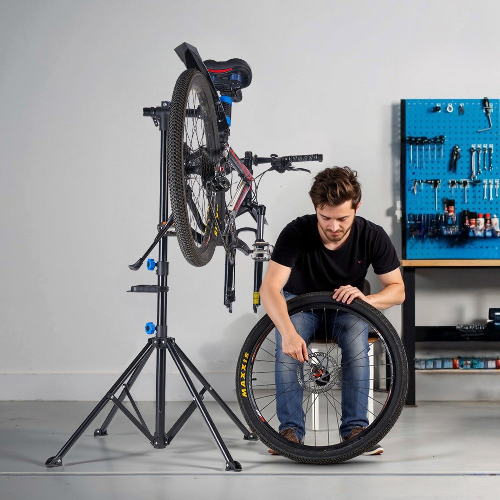 VEVOR Soporte de Reparación de Bicicletas, Resistente, 30 kg, con Altura Ajustable 83 a 147 cm y Bandeja Magnética para Herramientas, para Bicicletas de Montaña y Carretera, 955 x 940 x 1505 mm