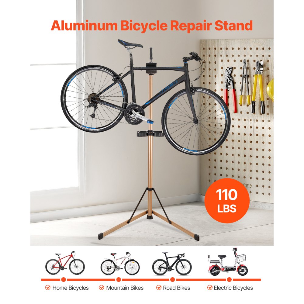 VEVOR Soporte Resistente para Reparación de Bicicletas de 49,9 kg, Altura Ajustable de 1025-1510 mm y Bandeja Grande para Herramientas, para Bicicletas de Montaña y Carretera, 940 x 795 x 1700 mm