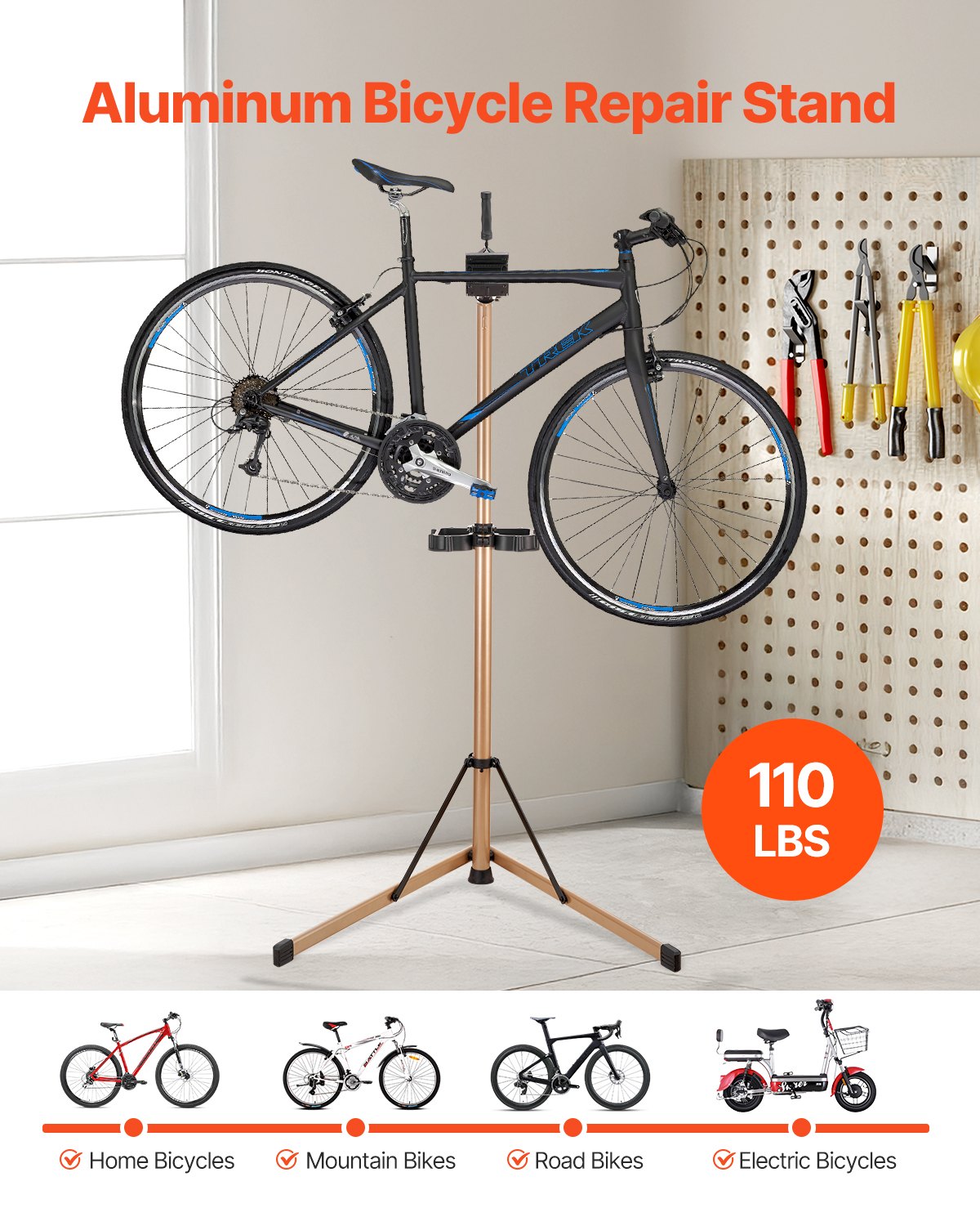 VEVOR Soporte Resistente para Reparación de Bicicletas de 49,9 kg, Altura Ajustable de 1025-1510 mm y Bandeja Grande para Herramientas, para Bicicletas de Montaña y Carretera, 940 x 795 x 1700 mm
