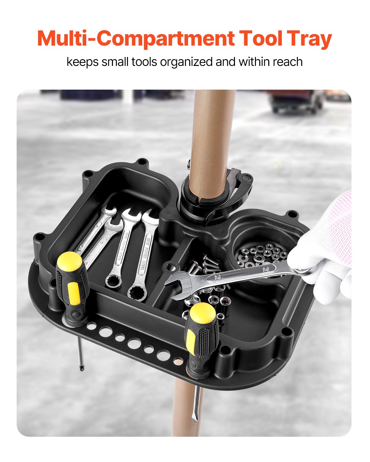 VEVOR Soporte Resistente para Reparación de Bicicletas de 49,9 kg, Altura Ajustable de 1025-1510 mm y Bandeja Grande para Herramientas, para Bicicletas de Montaña y Carretera, 940 x 795 x 1700 mm
