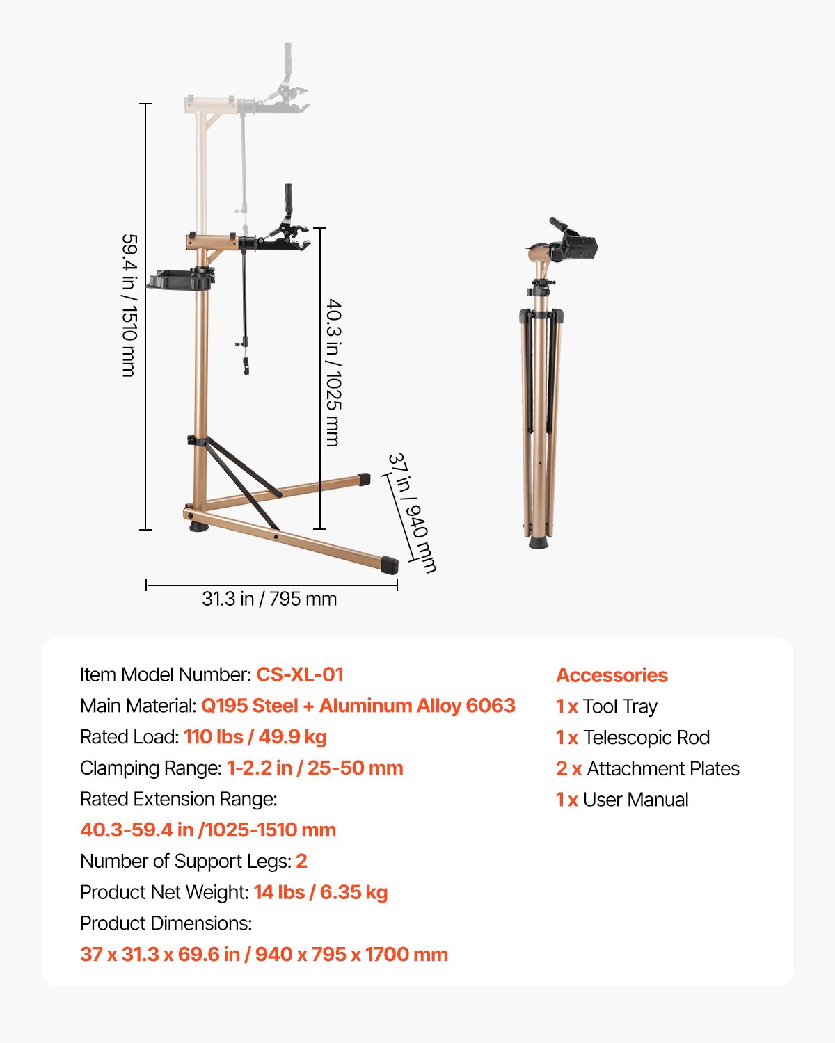 VEVOR Soporte Resistente para Reparación de Bicicletas de 49,9 kg, Altura Ajustable de 1025-1510 mm y Bandeja Grande para Herramientas, para Bicicletas de Montaña y Carretera, 940 x 795 x 1700 mm