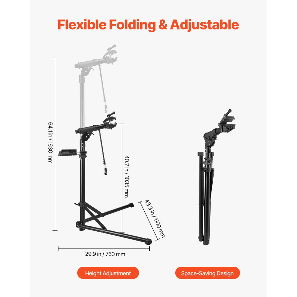 VEVOR Soporte Resistente de Reparación de Bicicletas de 39 kg con Altura Ajustable 103 a 162 cm y Bandeja Magnética para Herramientas, para Bicicletas de Montaña y Carretera, 1100 x 760 x 1695 mm