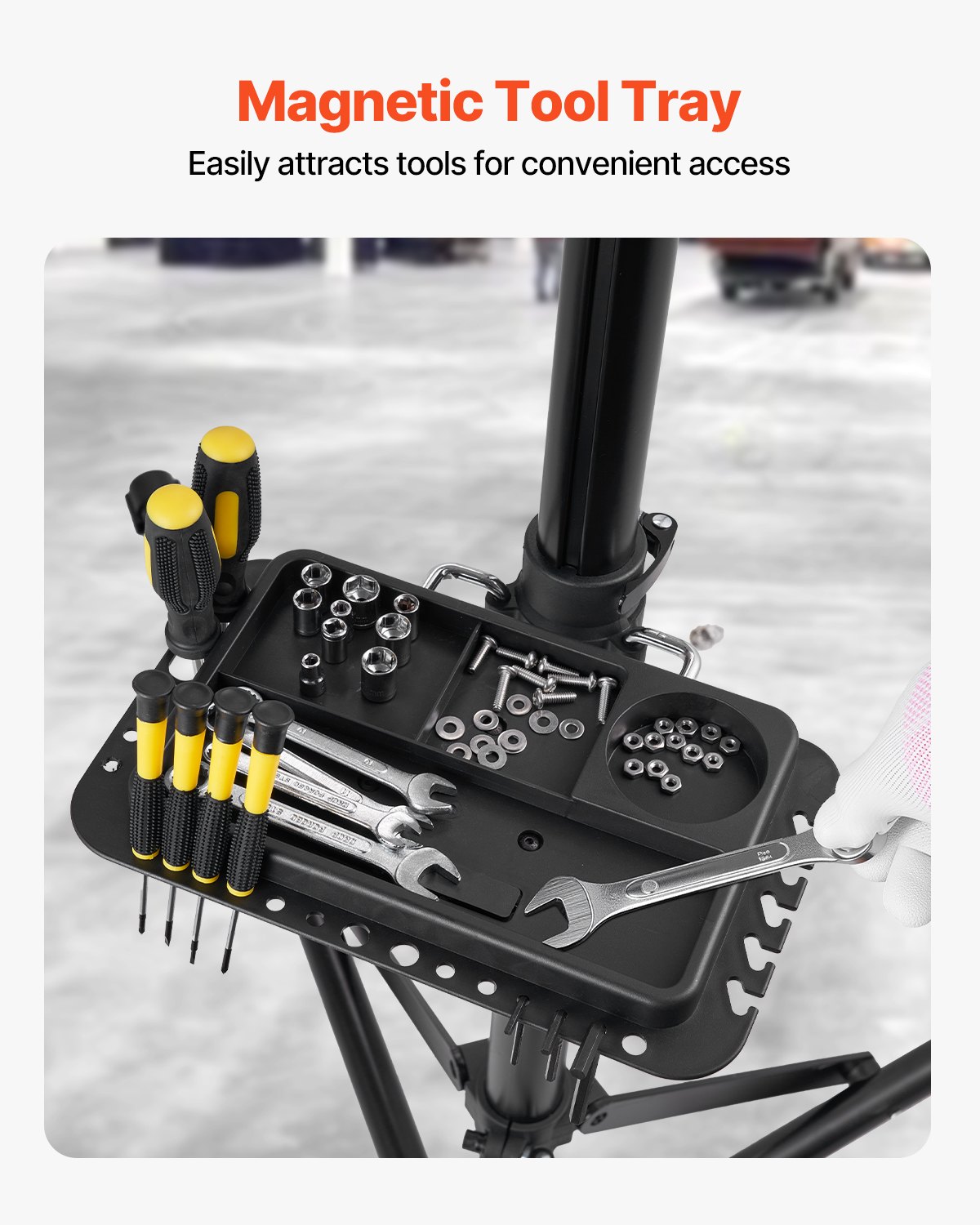 VEVOR Soporte Resistente de Reparación de Bicicletas de 39 kg con Altura Ajustable 103 a 162 cm y Bandeja Magnética para Herramientas, para Bicicletas de Montaña y Carretera, 1100 x 760 x 1695 mm