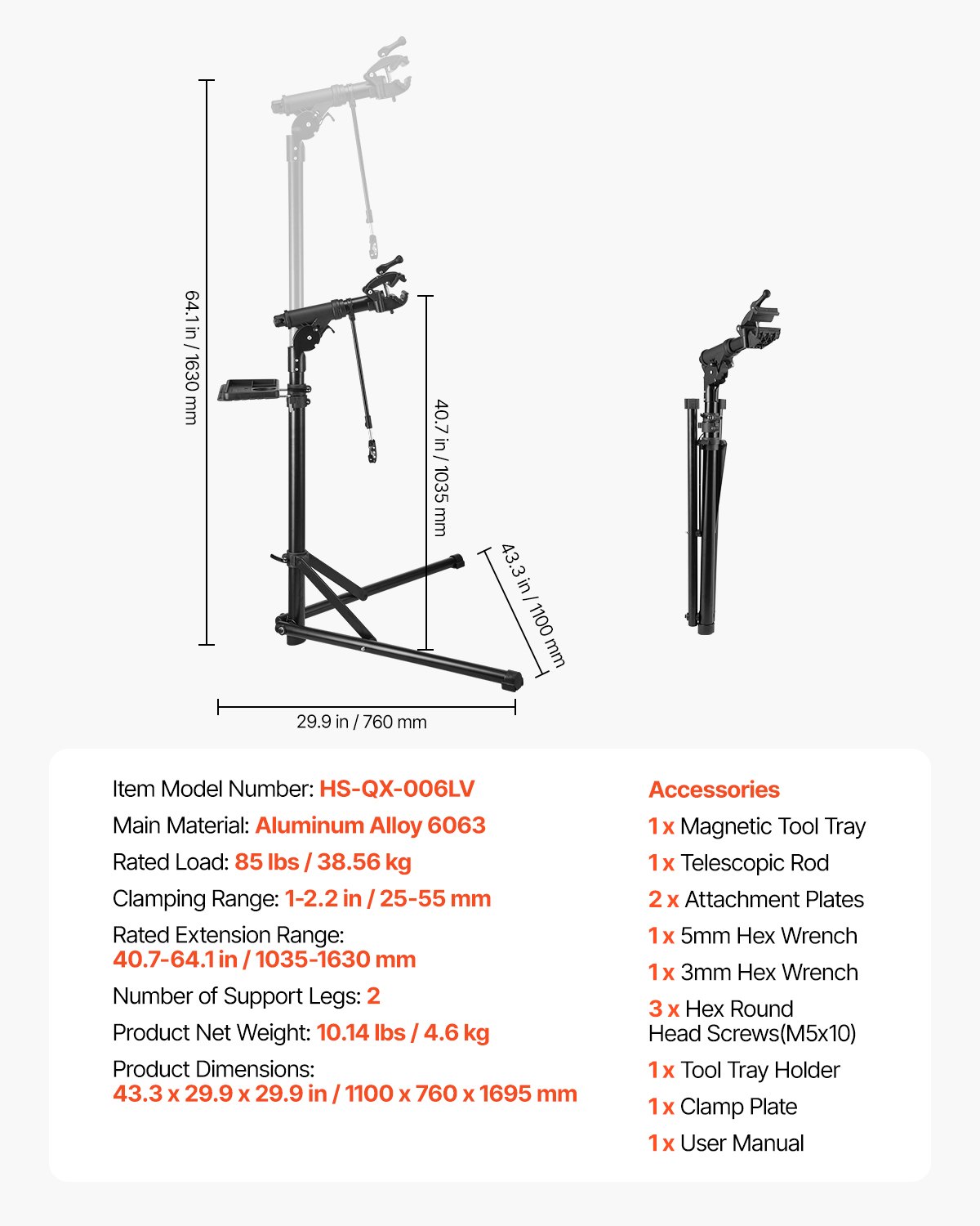 VEVOR Soporte Resistente de Reparación de Bicicletas de 39 kg con Altura Ajustable 103 a 162 cm y Bandeja Magnética para Herramientas, para Bicicletas de Montaña y Carretera, 1100 x 760 x 1695 mm