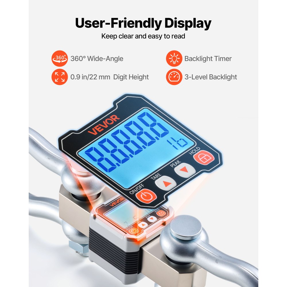VEVOR Báscula Colgante Digital Carga Máxima 10 T, Resolución 2 kg con Tara, Aluminio Fundido, Pantalla LCD, Retención de Pico Datos, Escala Digital de Grúa Portátil para Pesca Taller Granja Almacén