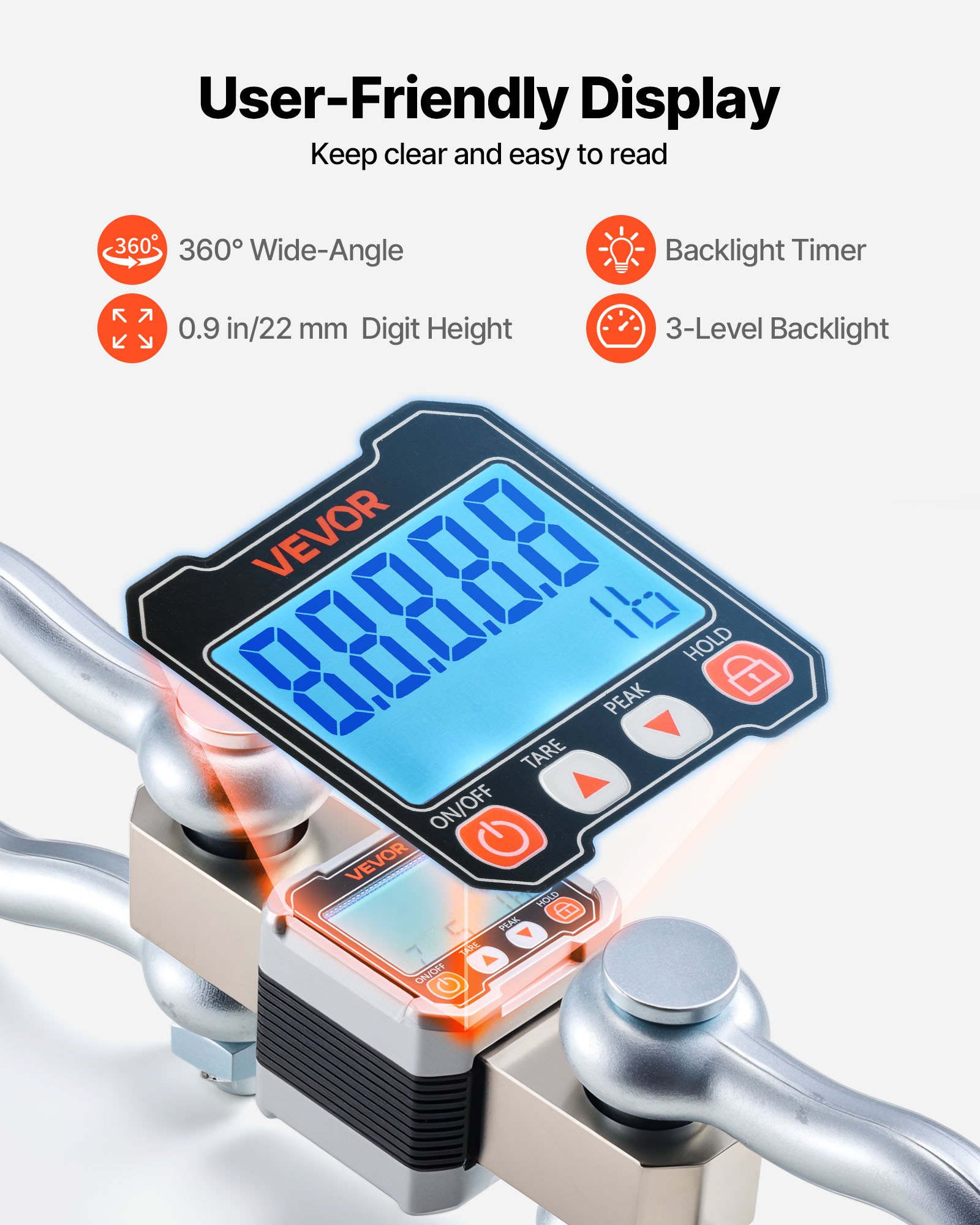 VEVOR Báscula Colgante Digital Carga Máxima 10 T, Resolución 2 kg con Tara, Aluminio Fundido, Pantalla LCD, Retención de Pico Datos, Escala Digital de Grúa Portátil para Pesca Taller Granja Almacén
