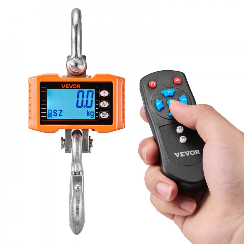 VEVOR Báscula Colgante Digital Carga Máxima 2000 kg Resolución 500 g con Tara, Pantalla LCD, Retención de Pico Datos, Aluminio Fundido, Escala Digital de Grúa Portátil para Taller Almacén Granja Pesca
