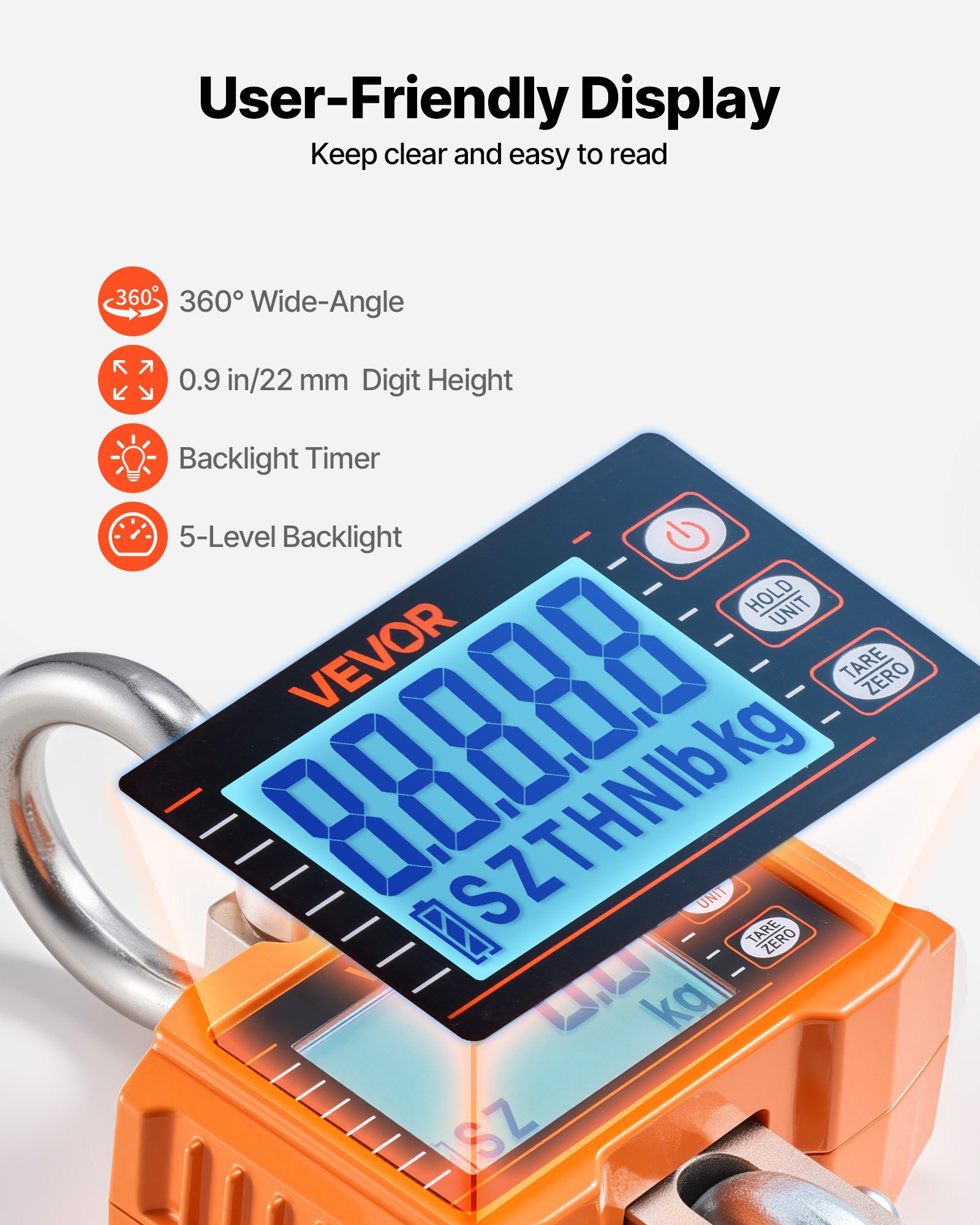 VEVOR Báscula Colgante Digital Carga Máxima 2000 kg Resolución 500 g con Tara, Pantalla LCD, Retención de Pico Datos, Aluminio Fundido, Escala Digital de Grúa Portátil para Taller Almacén Granja Pesca