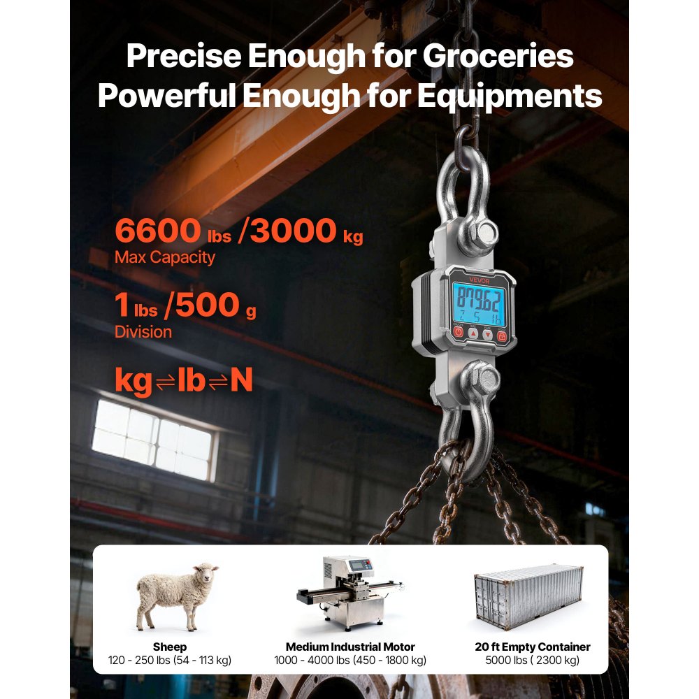 VEVOR Báscula Colgante Digital Carga Máxima 3000 kg Resolución 500 g con Aluminio Fundido, Retención de Pico Datos, Tara, Pantalla LCD, Escala Digital de Grúa Portátil para Almacén Pesca Granja Taller
