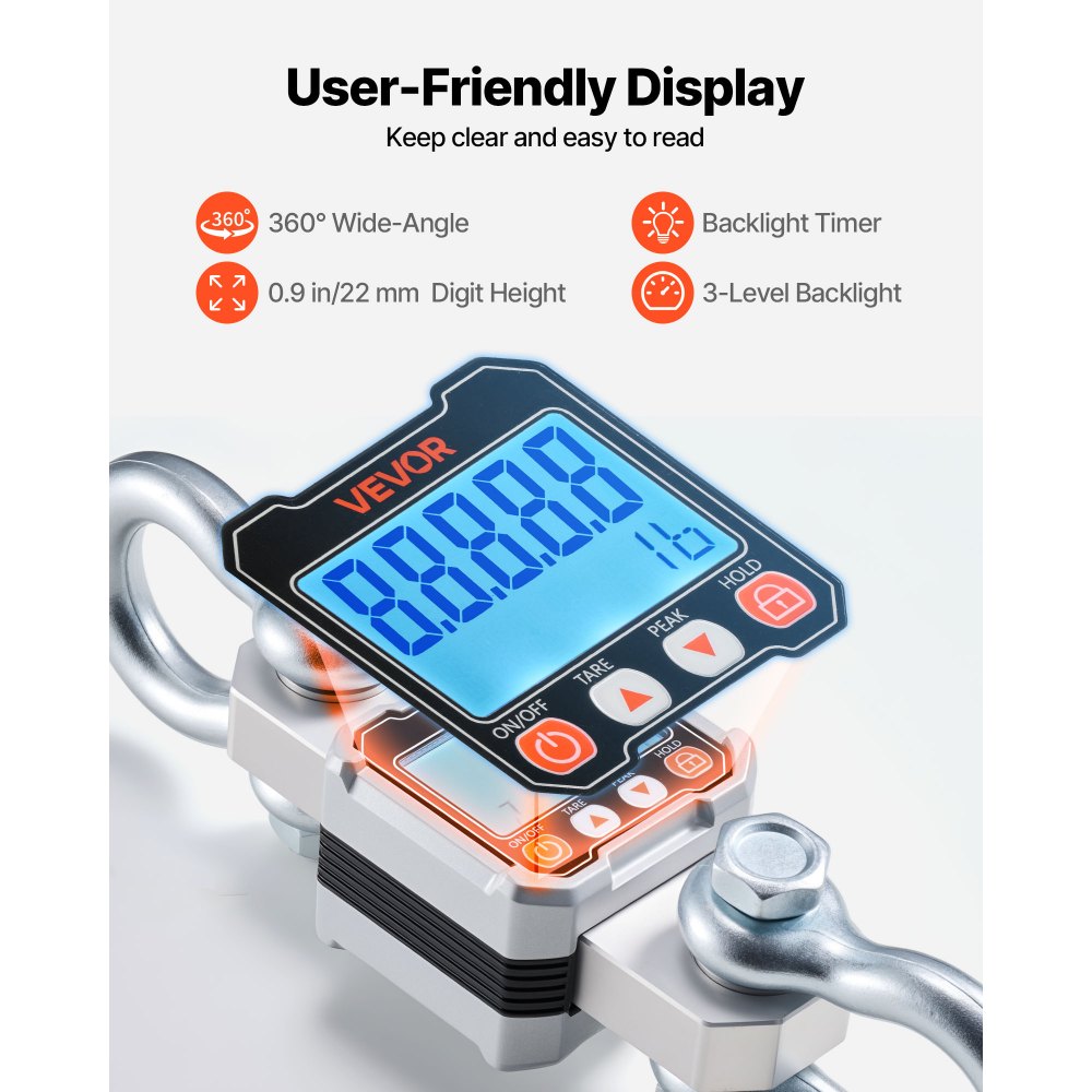 VEVOR Báscula Colgante Digital Carga Máxima 3000 kg Resolución 500 g con Aluminio Fundido, Retención de Pico Datos, Tara, Pantalla LCD, Escala Digital de Grúa Portátil para Almacén Pesca Granja Taller