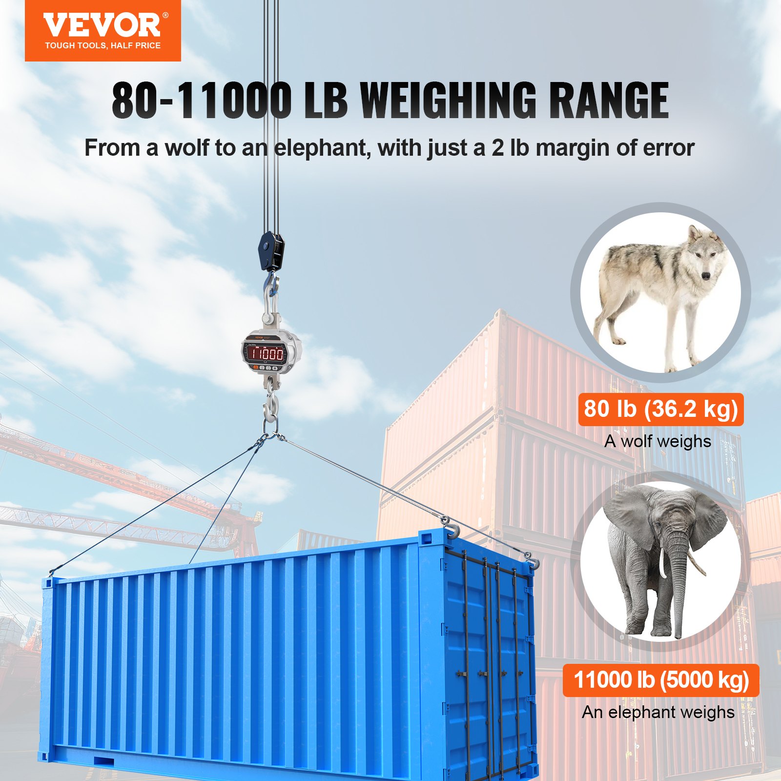 VEVOR Báscula Colgante Industrial 5000 kg Báscula de Grúa Digital con Control Remoto Carcasa de Aluminio Fundido, Pantalla LED de Alta Precisión para Granja, Caza, Pesca, Garaje al Aire Libre, Plata