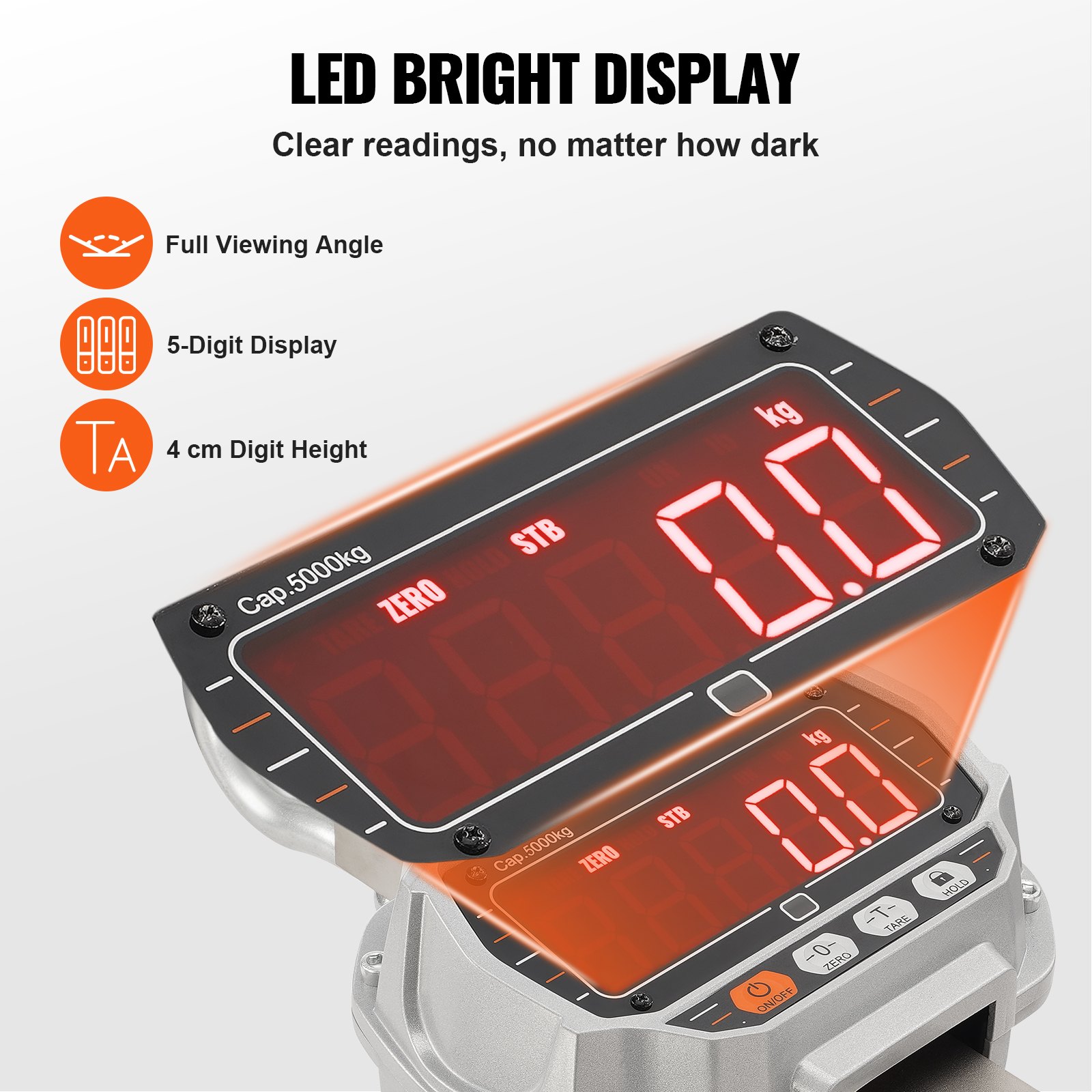 VEVOR Báscula Colgante Industrial 5000 kg Báscula de Grúa Digital con Control Remoto Carcasa de Aluminio Fundido, Pantalla LED de Alta Precisión para Granja, Caza, Pesca, Garaje al Aire Libre, Plata