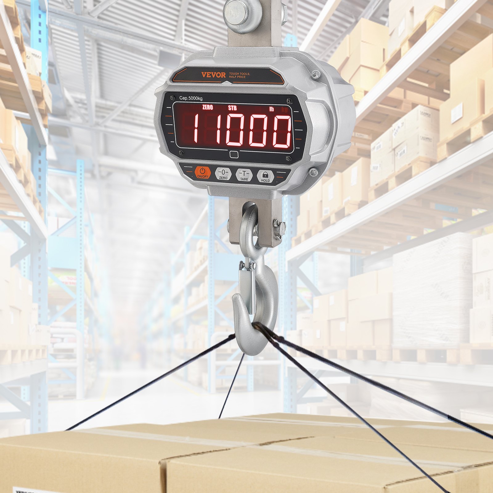VEVOR Báscula Colgante Industrial 5000 kg Báscula de Grúa Digital con Control Remoto Carcasa de Aluminio Fundido, Pantalla LED de Alta Precisión para Granja, Caza, Pesca, Garaje al Aire Libre, Plata