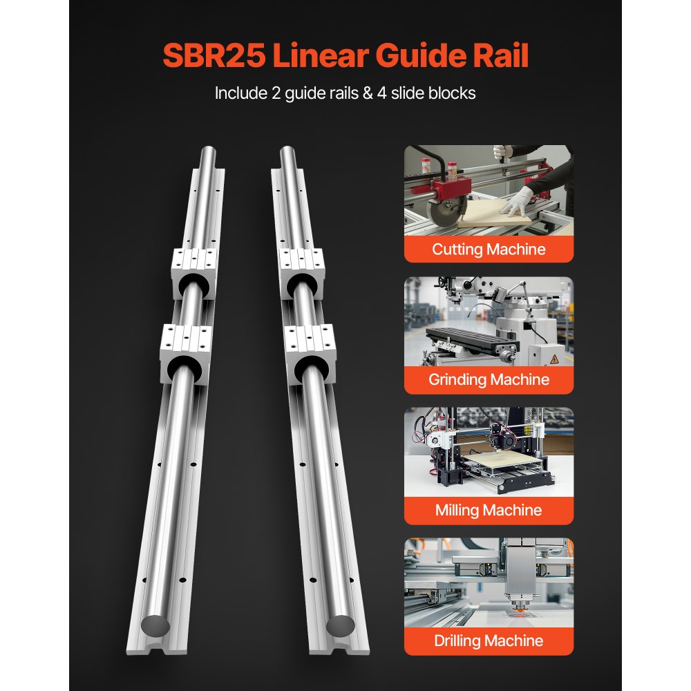 VEVOR Kit de Riel de Guía Lineal SBR25 2 Rieles Longitud de 1200 mm con 4 Bloques Deslizantes con Cojinetes, Eje con Soporte Completo, para Máquinas de Corte, Rectificado, Fresadora, Taladrado