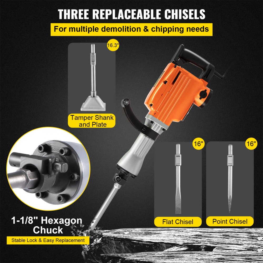 VEVOR Martillo Demoledor Eléctrico 1800 BPM Martillo de Demolición 2600 W 220 V 65 A Martillo de Demolición para Hormigón con 3 Cinceles Reemplazables Llaves y Mango Ergonómico Giratorio de 360 Grados