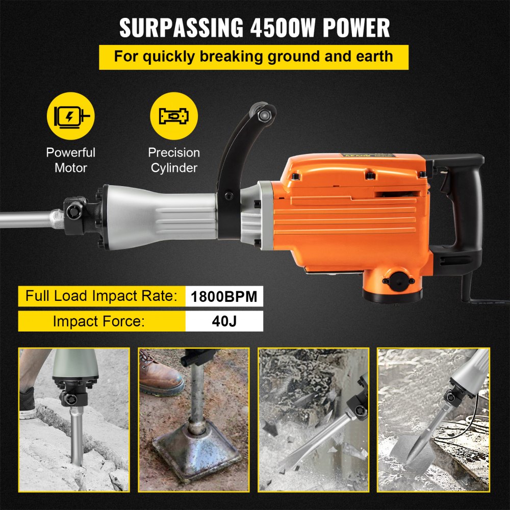 VEVOR Martillo Demoledor Eléctrico 1800 BPM Martillo de Demolición 2600 W 220 V / 60 Hz Martillo de Demolición para Hormigón con 4 Cinceles Reemplazables Llaves y Mango Ergonómico Giratorio de 360°