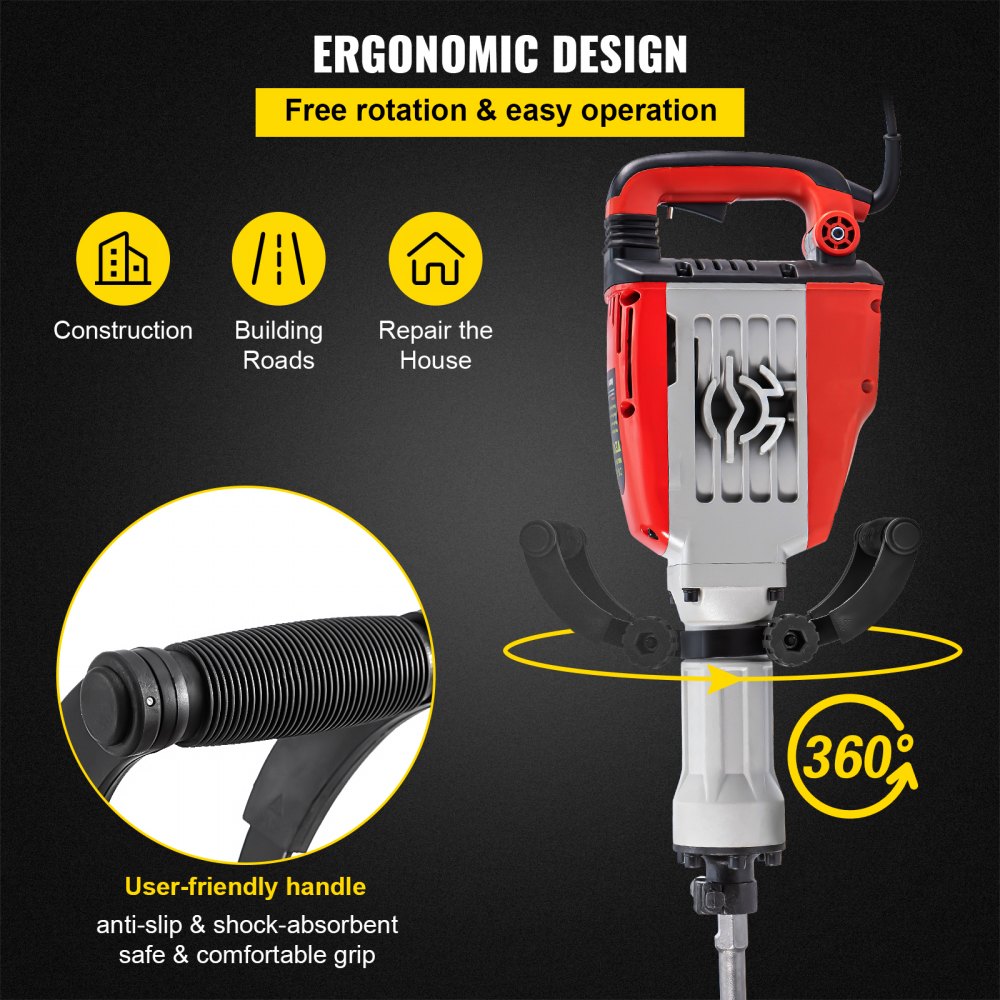 VEVOR Martillo Demoledor Eléctrico 1800 BPM 95 A Martillo de Demolición 3800 W 220V / 60Hz Martillo de Demolición para Hormigón con 2 Cinceles Reemplazables Llaves y Mango Ergonómico Giratorio de 360°