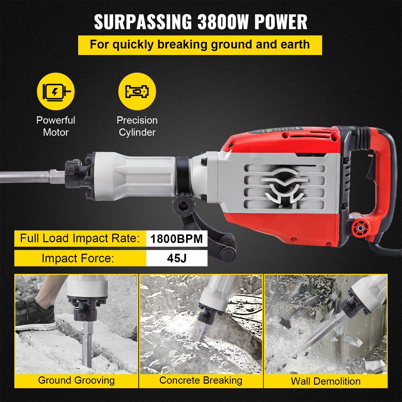 VEVOR Martillo Demoledor Eléctrico 1800 BPM 95 A Martillo de Demolición 3800 W 220V / 60Hz Martillo de Demolición para Hormigón con 2 Cinceles Reemplazables Llaves y Mango Ergonómico Giratorio de 360°