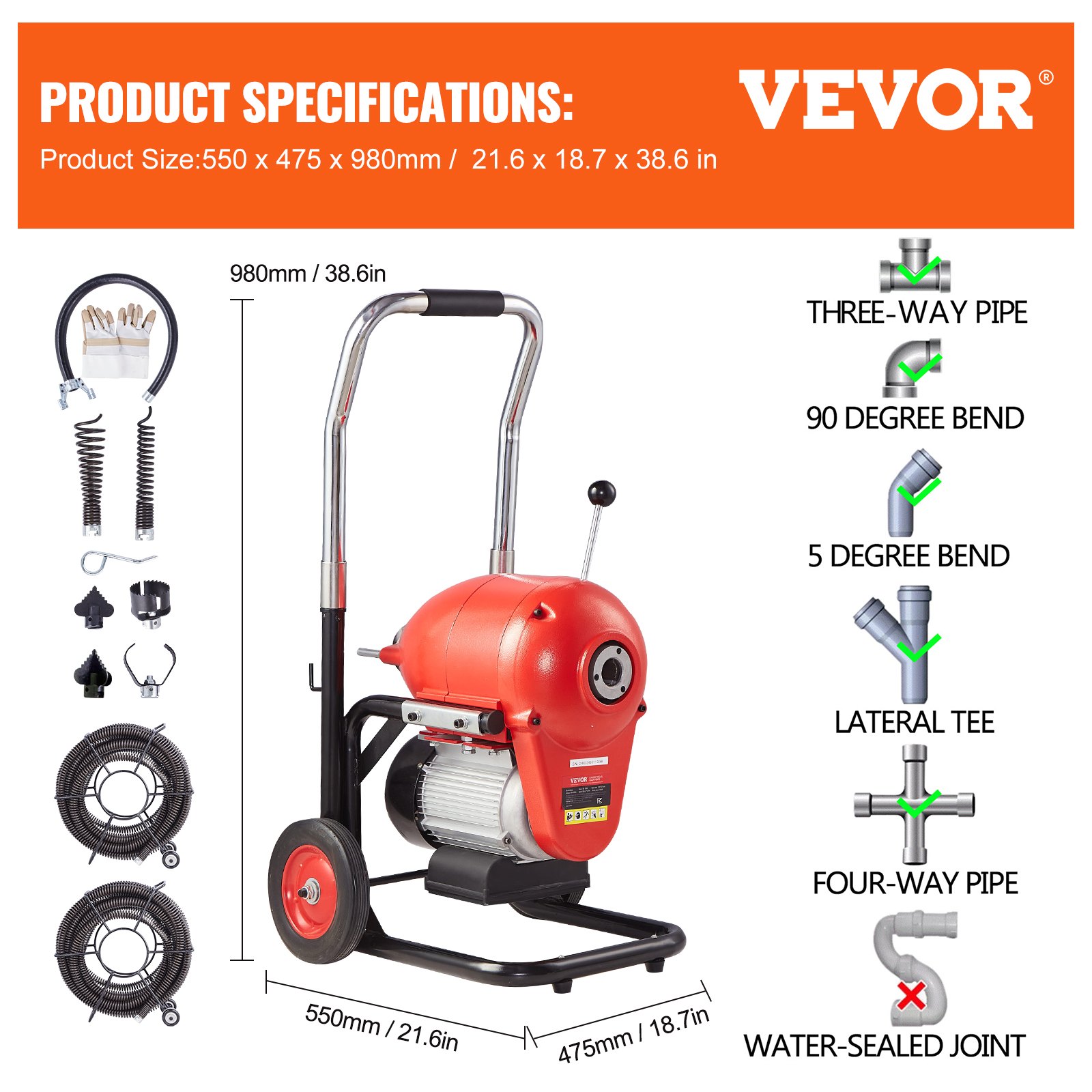 VEVOR Pipe Cleaning Machine 120 ft x 6/5 in, 1100 W Electric Pipe Cleaning Machine with Manual Feed – with 6 Cutters and CW/CCW Control for 4" to 8" Pipes