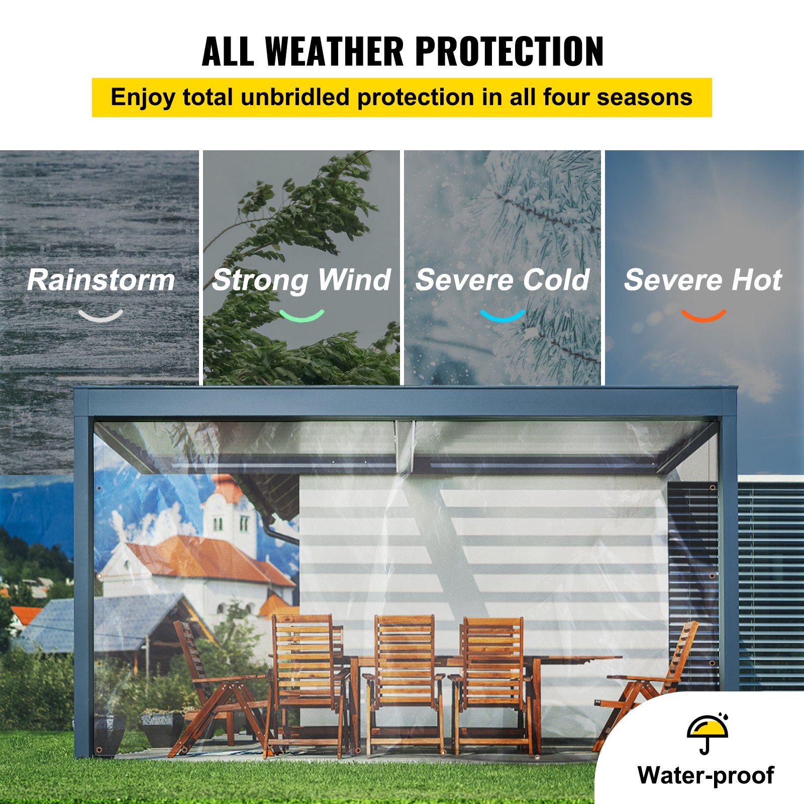 VEVOR Lona Impermeable Transparente de PVC Lona de Protección con Ojales 3 x 3 m Lona Resistente Espesor de 0,5 mm Lona Cubierta Protectora Resistente al Agua y al Desgaste para Camping Jardín Garaje
