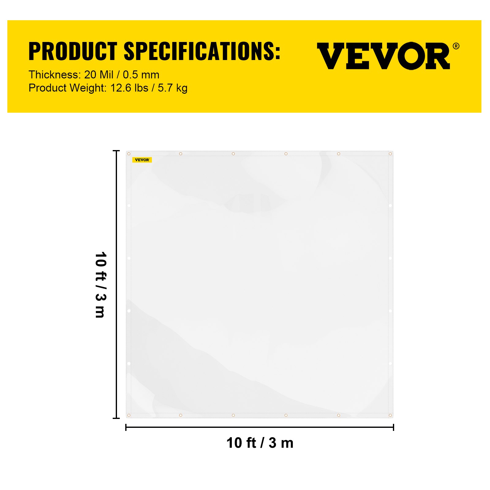 VEVOR Lona Impermeable Transparente de PVC Lona de Protección con Ojales 3 x 3 m Lona Resistente Espesor de 0,5 mm Lona Cubierta Protectora Resistente al Agua y al Desgaste para Camping Jardín Garaje