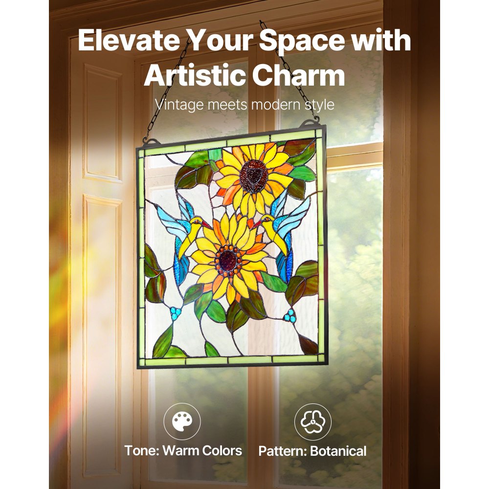 VEVOR Panel de Vidriera Colgante para Ventana 502 x 520 x 4,5 mm Panel de Vitral Colorido Vertical Rectangular Marco de Metal con Cadena Fácil de Limpiar para Decoración de Cocina, Hogar, Cafetería