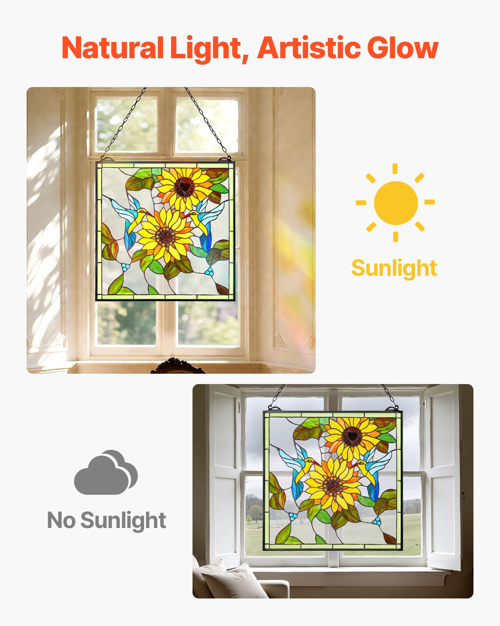 VEVOR Panel de Vidriera Colgante para Ventana 502 x 520 x 4,5 mm Panel de Vitral Colorido Vertical Rectangular Marco de Metal con Cadena Fácil de Limpiar para Decoración de Cocina, Hogar, Cafetería