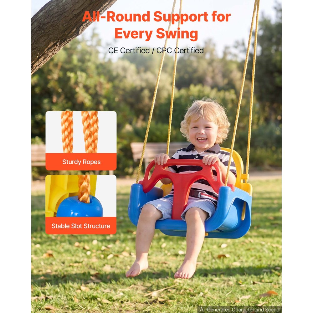 VEVOR 3 en 1 Columpio Infantil para Niños Carga 136 kg Rojo Amarillo Azul, para Patio Jardín Parque Interior, Barra de Seguridad y Respaldo Desmontables, Cuerdas Ajustables, Kit Completo de Accesorios