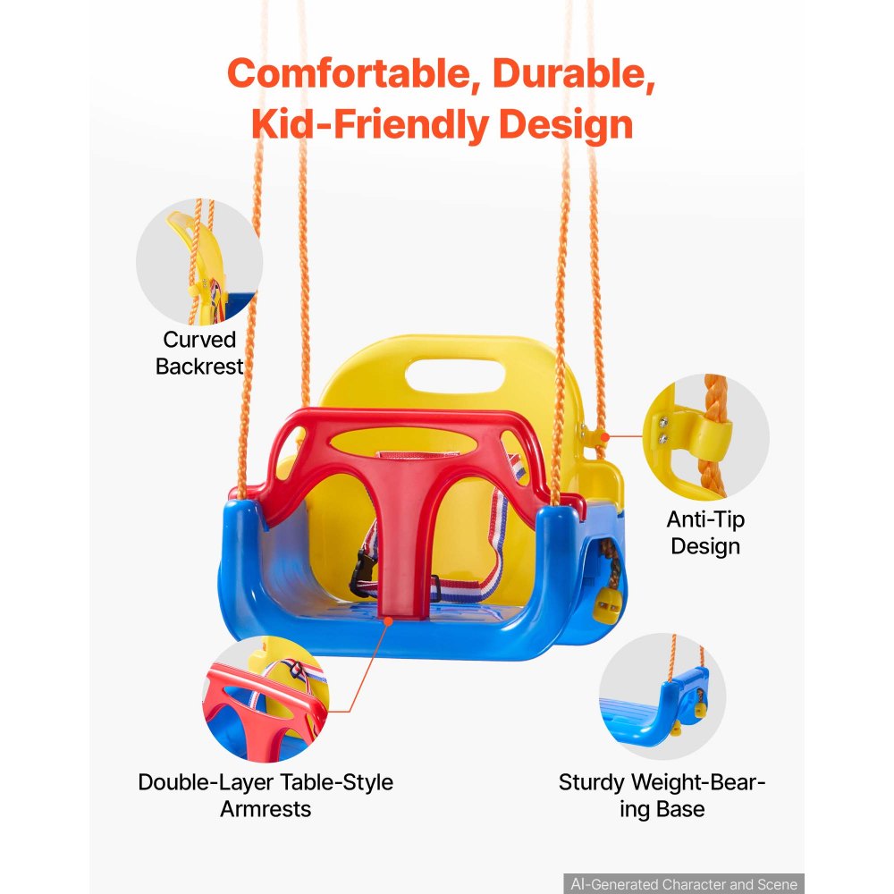 VEVOR 3 en 1 Columpio Infantil para Niños Carga 136 kg Rojo Amarillo Azul, para Patio Jardín Parque Interior, Barra de Seguridad y Respaldo Desmontables, Cuerdas Ajustables, Kit Completo de Accesorios