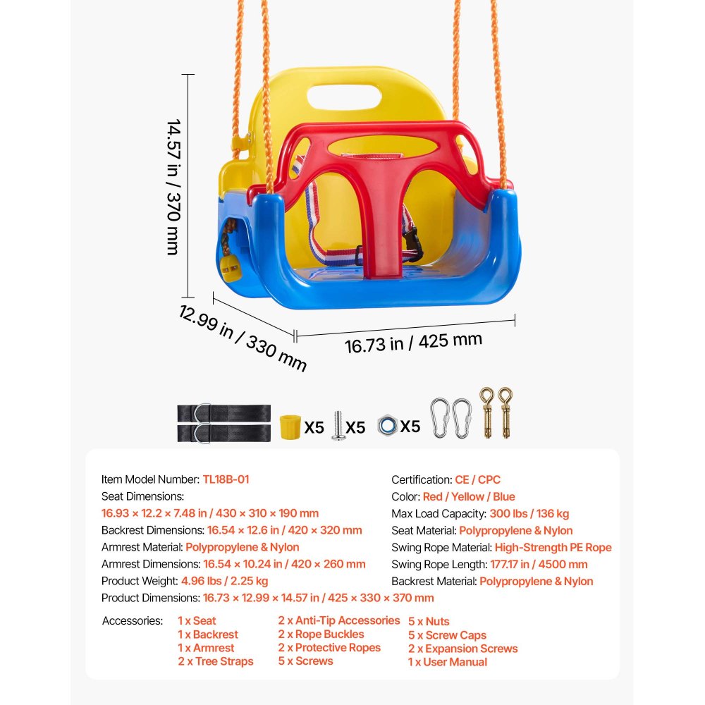 VEVOR 3 en 1 Columpio Infantil para Niños Carga 136 kg Rojo Amarillo Azul, para Patio Jardín Parque Interior, Barra de Seguridad y Respaldo Desmontables, Cuerdas Ajustables, Kit Completo de Accesorios