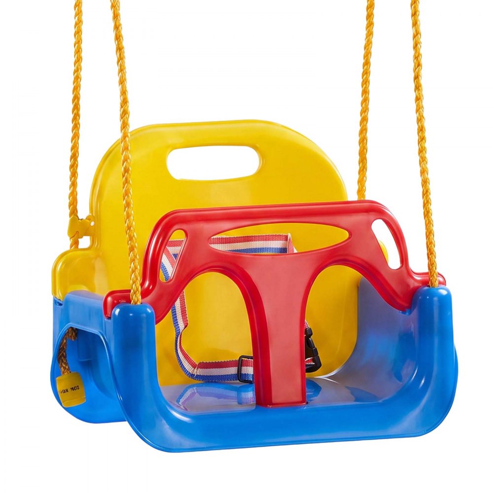 VEVOR 3 en 1 Columpio Infantil para Niños Carga 136 kg Rojo Amarillo Azul, para Patio Jardín Parque Interior, Barra de Seguridad y Respaldo Desmontables, Cuerdas Ajustables, Kit Completo de Accesorios