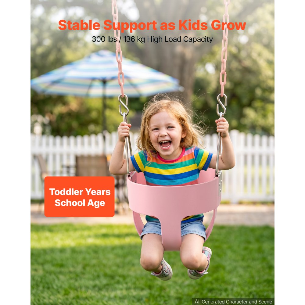 VEVOR Columpio para Bebés con Respaldo Alto Columpio Infantil Color Rosado, para Interior Exterior Patio Parque, Carga de 136 kg, Cadenas de Acero Galvanizado, Asiento de EVA, Protección Triangular