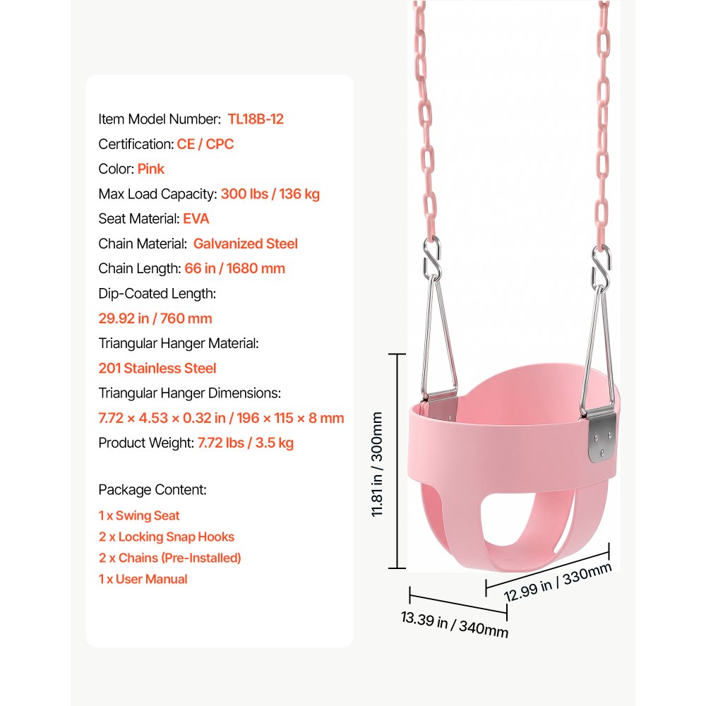 VEVOR Columpio para Bebés con Respaldo Alto Columpio Infantil Color Rosado, para Interior Exterior Patio Parque, Carga de 136 kg, Cadenas de Acero Galvanizado, Asiento de EVA, Protección Triangular