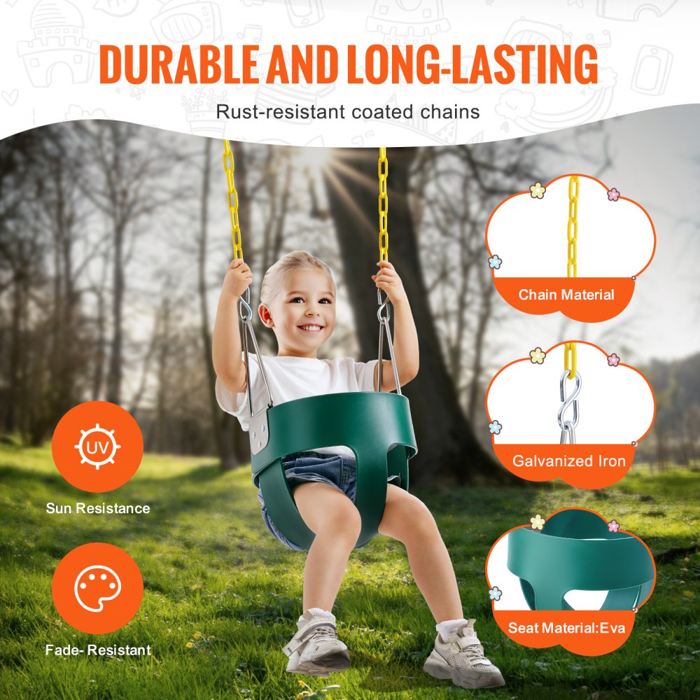 VEVOR - Columpio para niños pequeños, respaldo alto, asiento tipo cubo completo para bebés con cadenas revestidas y mosquetones, soporta 150 lb, columpio para exteriores para bebés, columpio completamente ensamblado para niños pequeños de 3 años en adelante, para interiores y exteriores