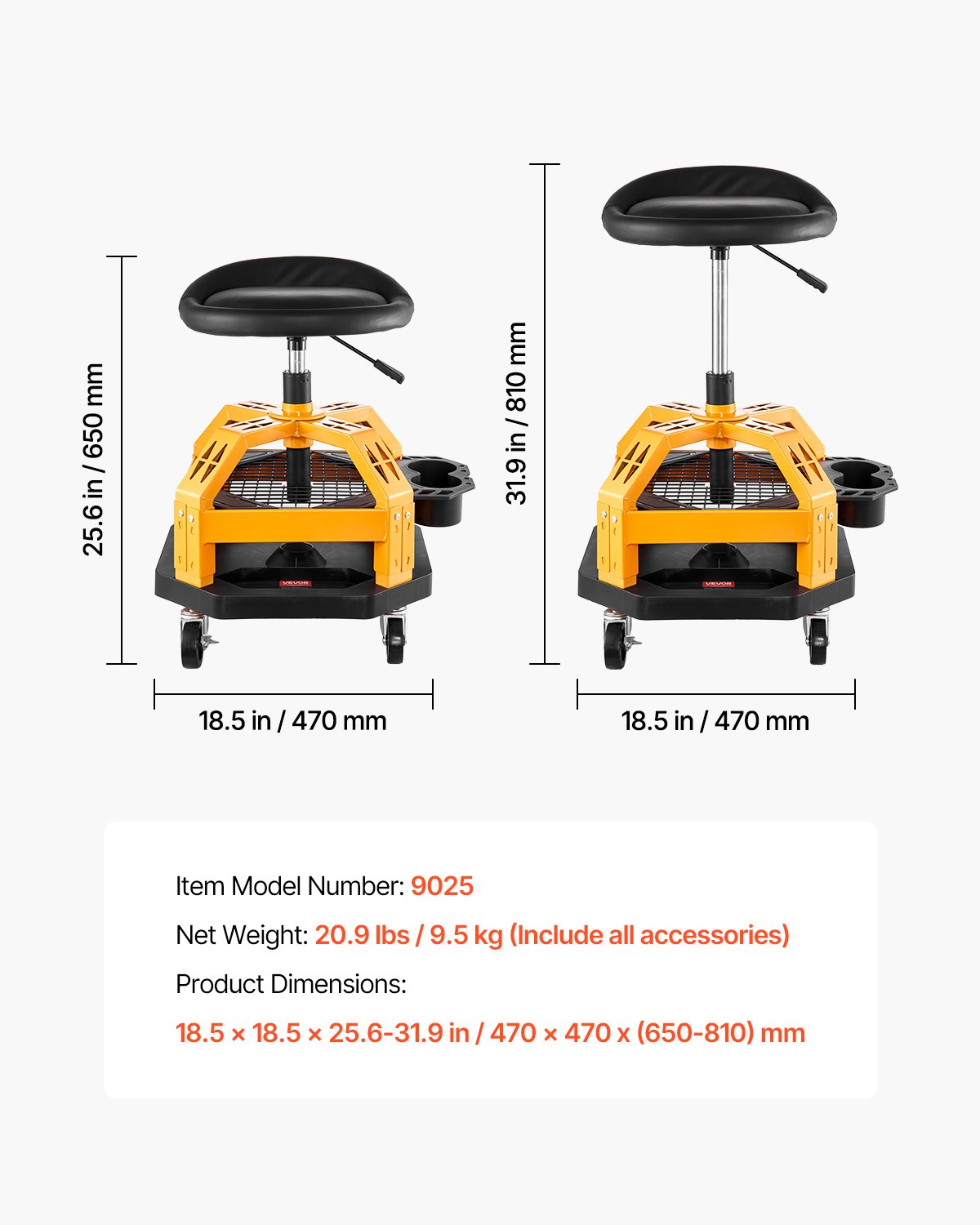 VEVOR Taburete de Taller con Ruedas, Asiento de Garaje Neumático Resistente con Carga de 136 kg, Altura Ajustable, 360°, para Garaje, Taller y Reparación de Automóviles, 470 x 470 x (650-810) mm