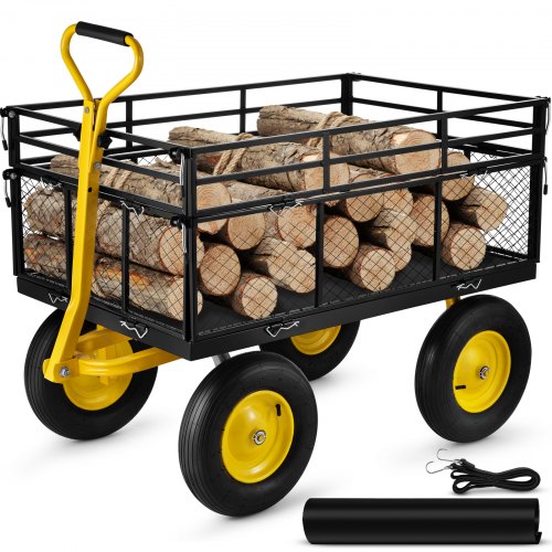VEVOR Carro de Jardín de Acero Carretilla de Transporte Carga Máxima de 635 kg Carro de Jardín con Ruedas de Caucho Carro Utilitario para Jardín Malla de Hierro 112x75x42,5 cm Negro para Césped Playa