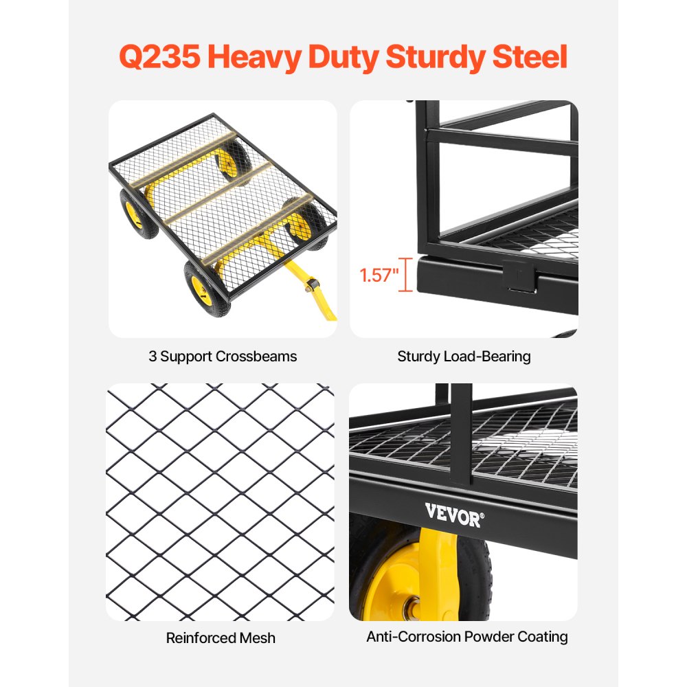 VEVOR 2 en 1 Carrito de Jardín de Acero de 2125 x 750 x 670 mm con Neumáticos Todoterreno de 13", Laterales de Malla Extraíbles y Manija Giratoria de 180°,  Carga de 544,31 kg, Amarillo y Negro