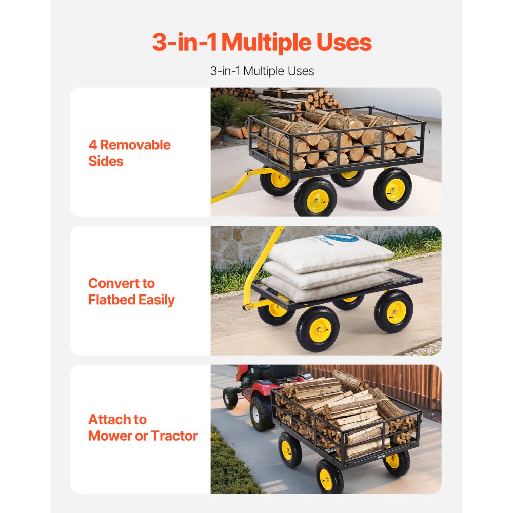 VEVOR 2 en 1 Carrito de Jardín de Acero de 2125 x 750 x 670 mm con Neumáticos Todoterreno de 13", Laterales de Malla Extraíbles y Manija Giratoria de 180°,  Carga de 544,31 kg, Amarillo y Negro