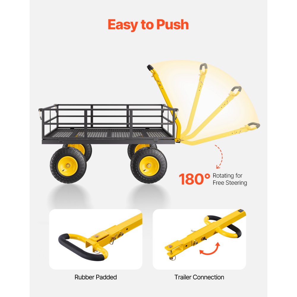 VEVOR 2 en 1 Carrito de Jardín de Acero de 2125 x 750 x 670 mm con Neumáticos Todoterreno de 13", Laterales de Malla Extraíbles y Manija Giratoria de 180°,  Carga de 544,31 kg, Amarillo y Negro