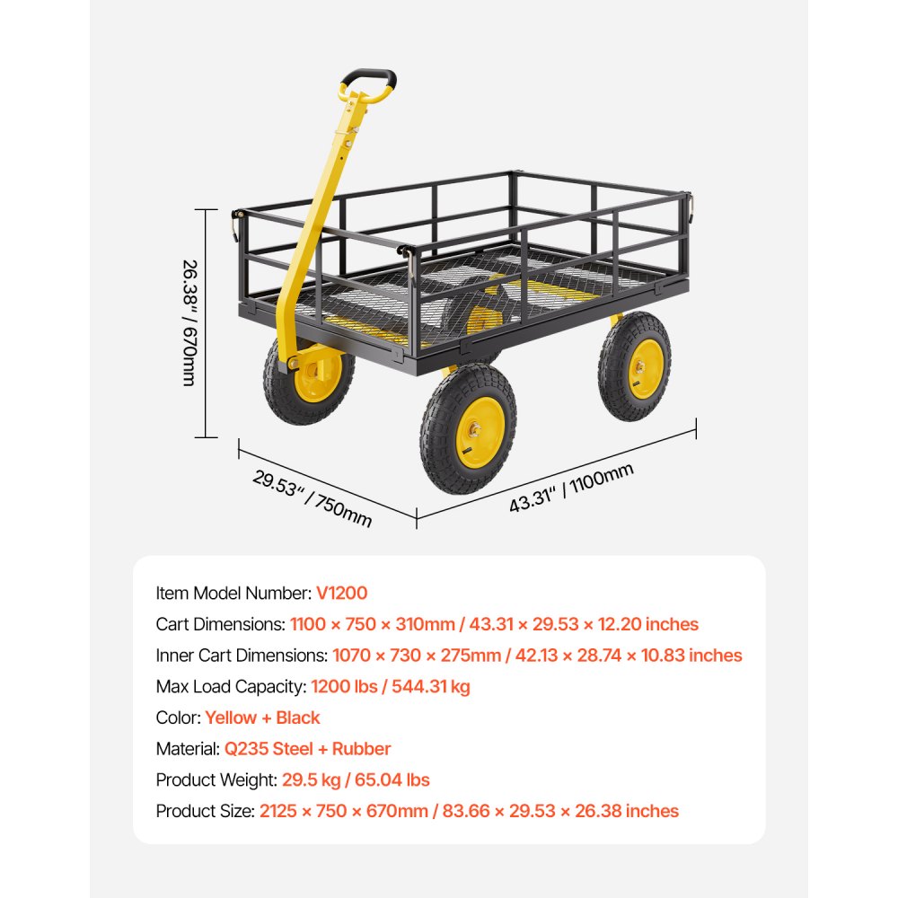 VEVOR 2 en 1 Carrito de Jardín de Acero de 2125 x 750 x 670 mm con Neumáticos Todoterreno de 13", Laterales de Malla Extraíbles y Manija Giratoria de 180°,  Carga de 544,31 kg, Amarillo y Negro
