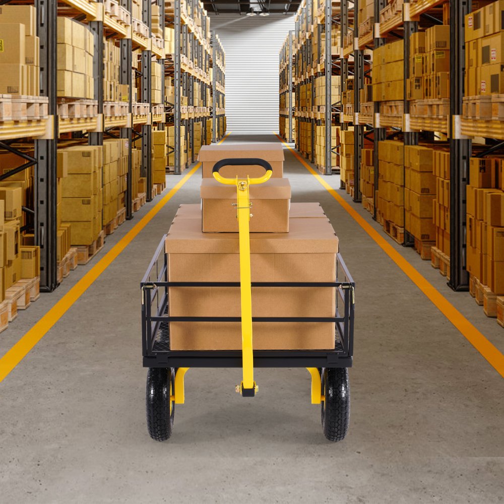 VEVOR 2 en 1 Carrito de Jardín de Acero de 2125 x 750 x 670 mm con Neumáticos Todoterreno de 13", Laterales de Malla Extraíbles y Manija Giratoria de 180°,  Carga de 544,31 kg, Amarillo y Negro