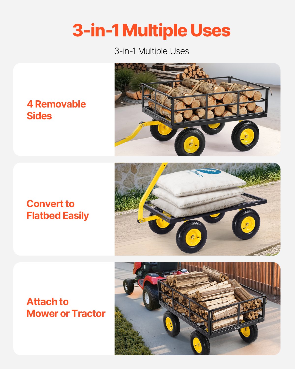 VEVOR 2 en 1 Carrito de Jardín de Acero de 2125 x 750 x 670 mm con Neumáticos Todoterreno de 13", Laterales de Malla Extraíbles y Manija Giratoria de 180°,  Carga de 544,31 kg, Amarillo y Negro