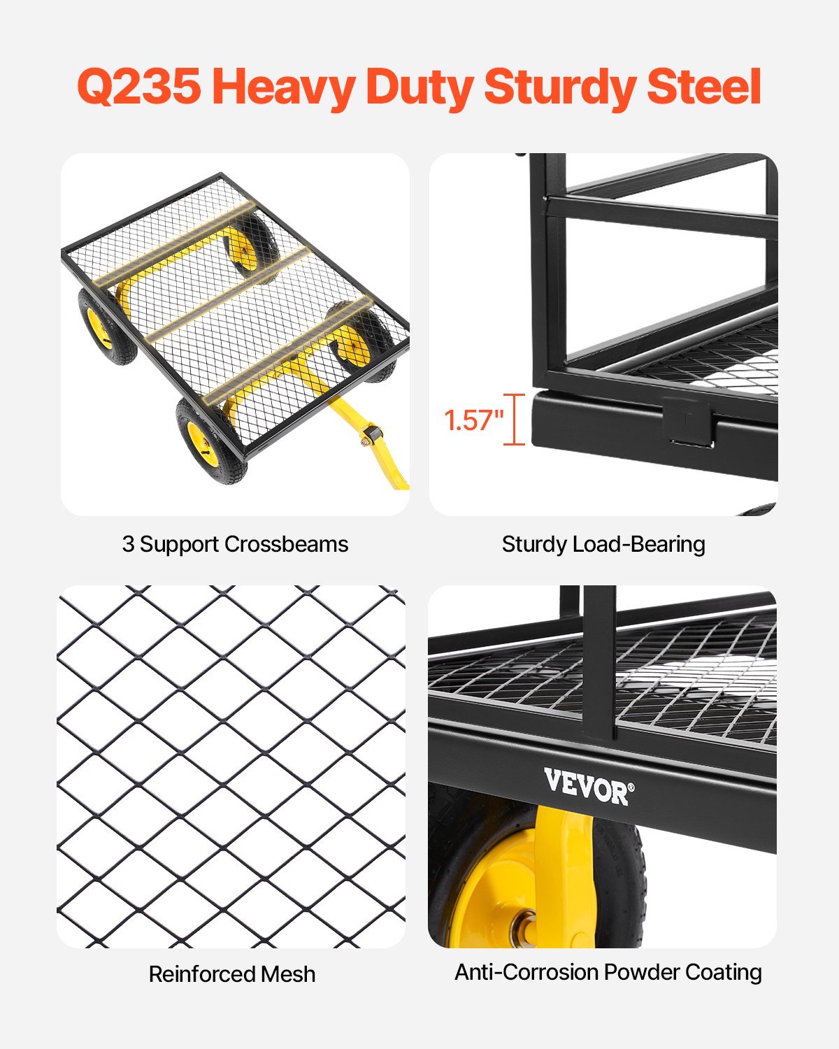 VEVOR 2 en 1 Carrito de Jardín de Acero de 2125 x 750 x 670 mm con Neumáticos Todoterreno de 13", Laterales de Malla Extraíbles y Manija Giratoria de 180°,  Carga de 544,31 kg, Amarillo y Negro