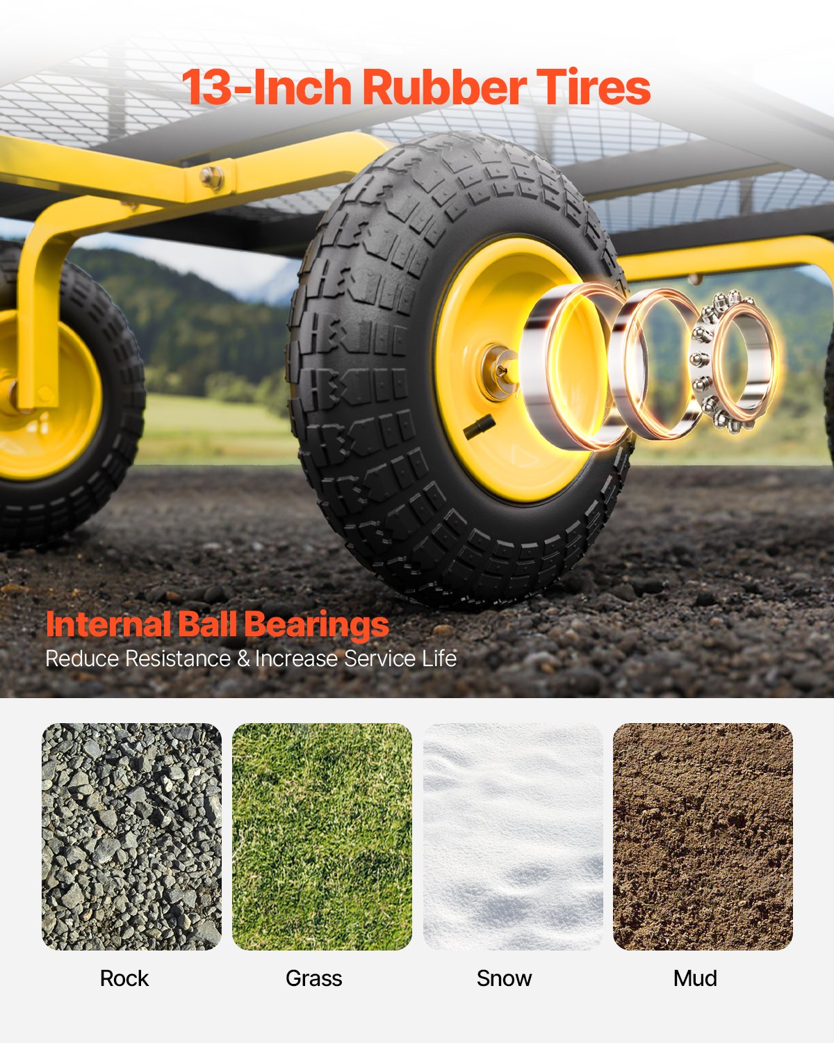 VEVOR 2 en 1 Carrito de Jardín de Acero de 2125 x 750 x 670 mm con Neumáticos Todoterreno de 13", Laterales de Malla Extraíbles y Manija Giratoria de 180°,  Carga de 544,31 kg, Amarillo y Negro
